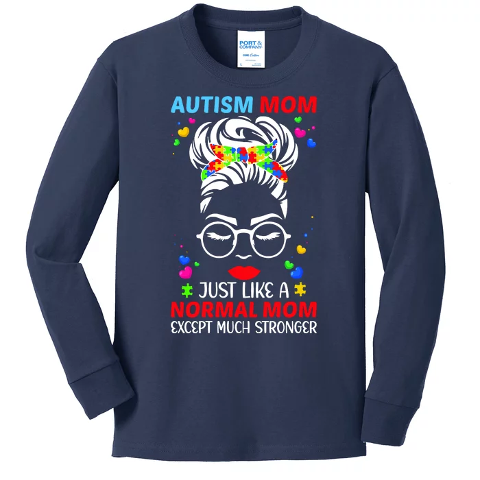 Autism Mom Much Stronger Awareness Messy Bun Puzzle Kids Long Sleeve Shirt