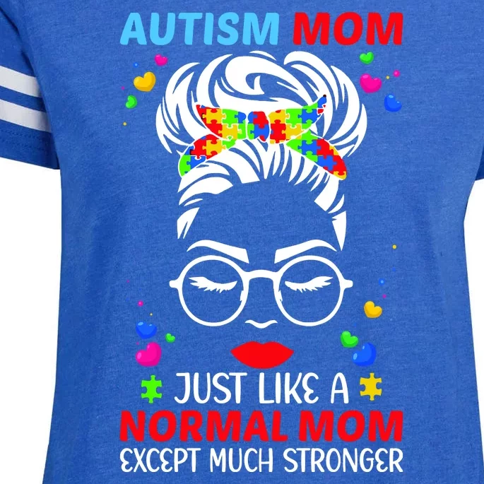 Autism Mom Much Stronger Awareness Messy Bun Puzzle Enza Ladies Jersey Football T-Shirt