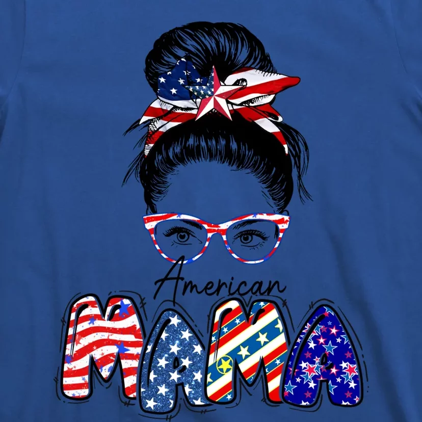 American Mama Messy Hair Bun Patriotic Mommy Gift T-Shirt