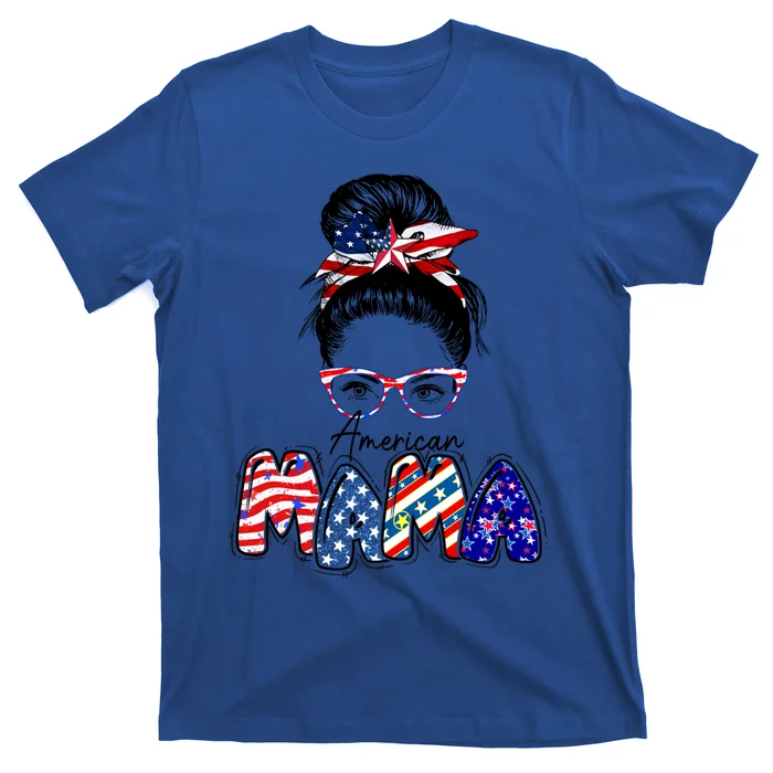 American Mama Messy Hair Bun Patriotic Mommy Gift T-Shirt