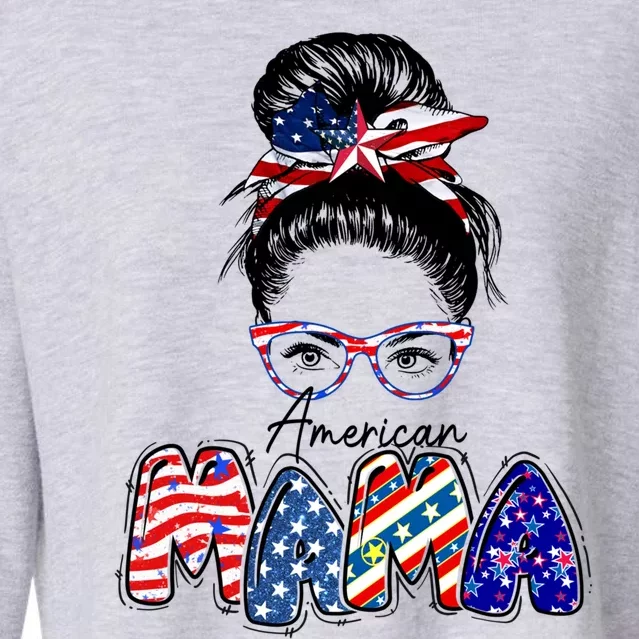 American Mama Messy Hair Bun Patriotic Mommy Gift Cropped Pullover Crew