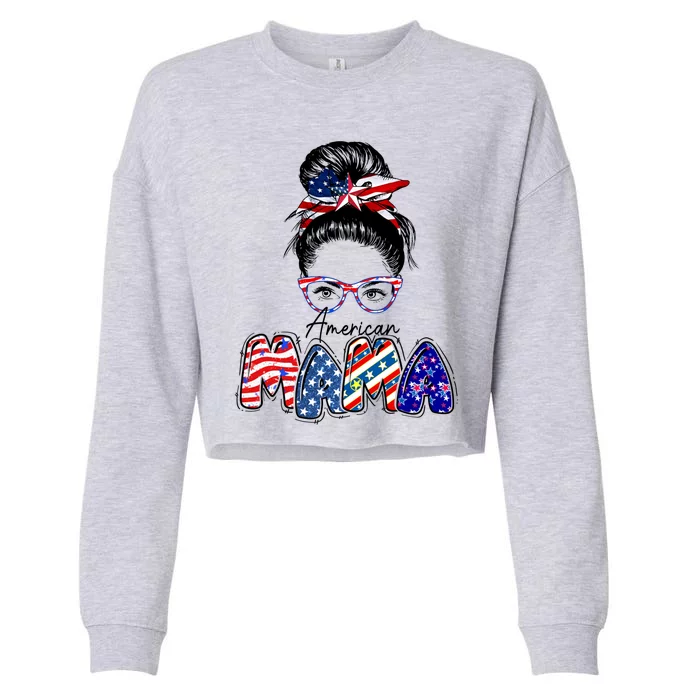 American Mama Messy Hair Bun Patriotic Mommy Gift Cropped Pullover Crew