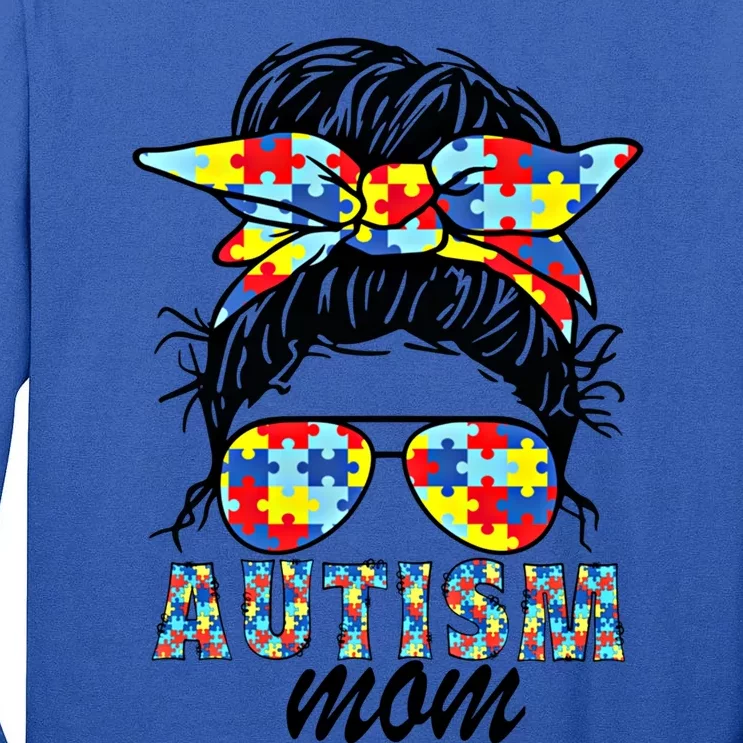 Autism Mom Messy Bun Sunglasses Bandana Mother’S Day Gift Tall Long Sleeve T-Shirt