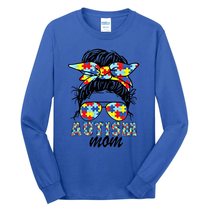 Autism Mom Messy Bun Sunglasses Bandana Mother’S Day Gift Tall Long Sleeve T-Shirt