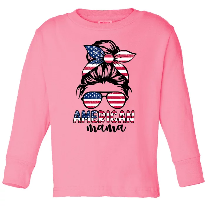 American Mama Messy Bun Glasses USA Flag 4th Of July Woman Toddler Long Sleeve Shirt