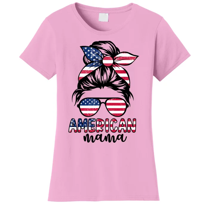 American Mama Messy Bun Glasses USA Flag 4th Of July Woman Women's T-Shirt