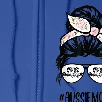 Aussie Mom Messy Bun Hair Glasses Funny Gift Full Zip Hoodie