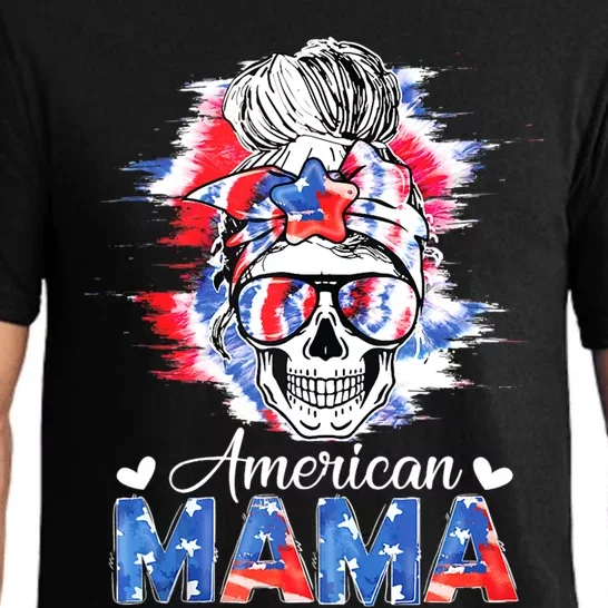 American Mama Messy Bun Skull Tie Dye Patriotic 4th Of July Meaningful Gift Pajama Set