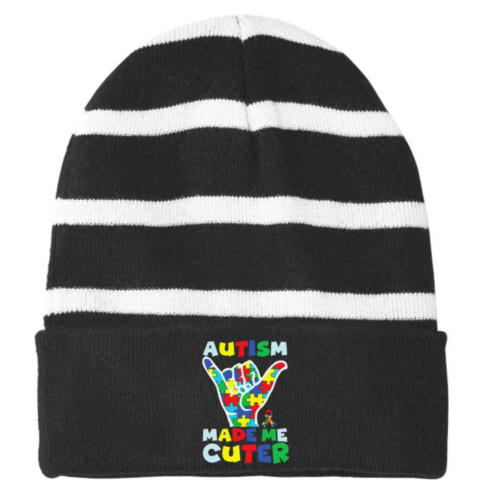 Autism Made Me Cuter Autism Puzzle Ribbon Hand Striped Beanie with Solid Band