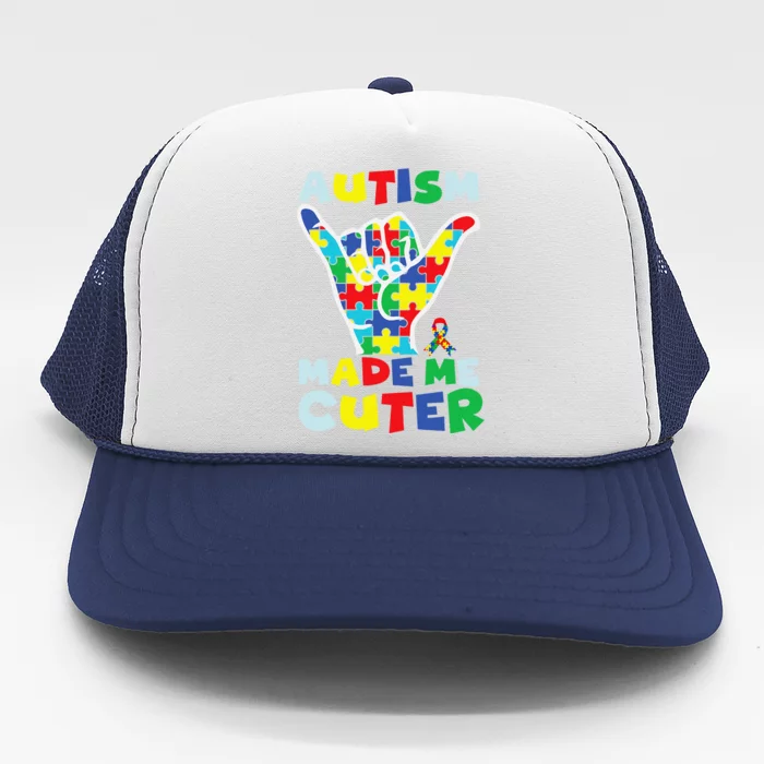 Autism Made Me Cuter Autism Puzzle Ribbon Hand Trucker Hat