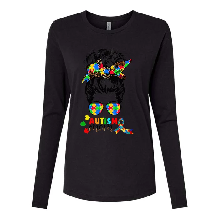 Autism Mom Messy Bun  Autism Awareness Puzzle Ribbon Womens Cotton Relaxed Long Sleeve T-Shirt