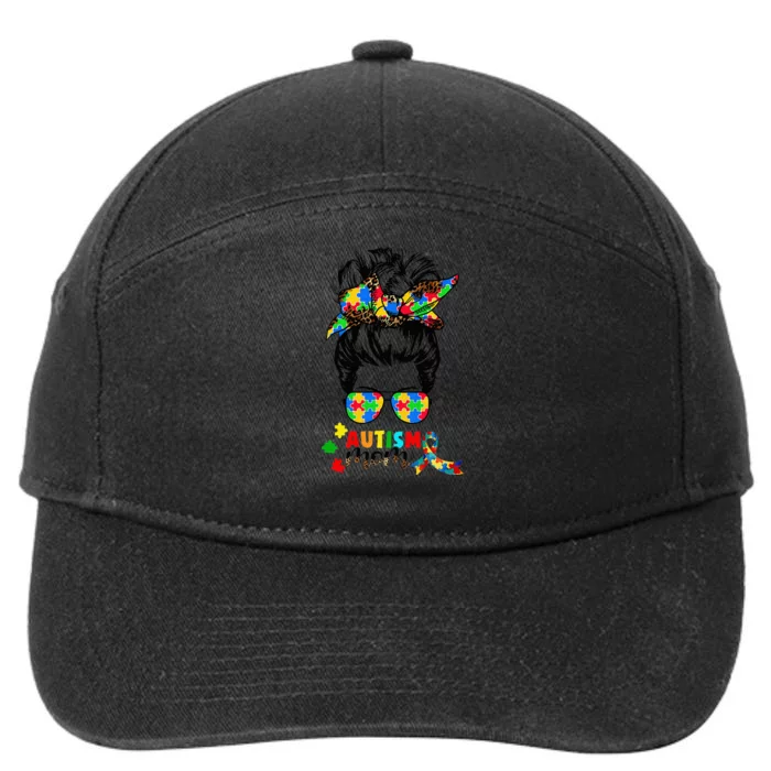 Autism Mom Messy Bun  Autism Awareness Puzzle Ribbon 7-Panel Snapback Hat