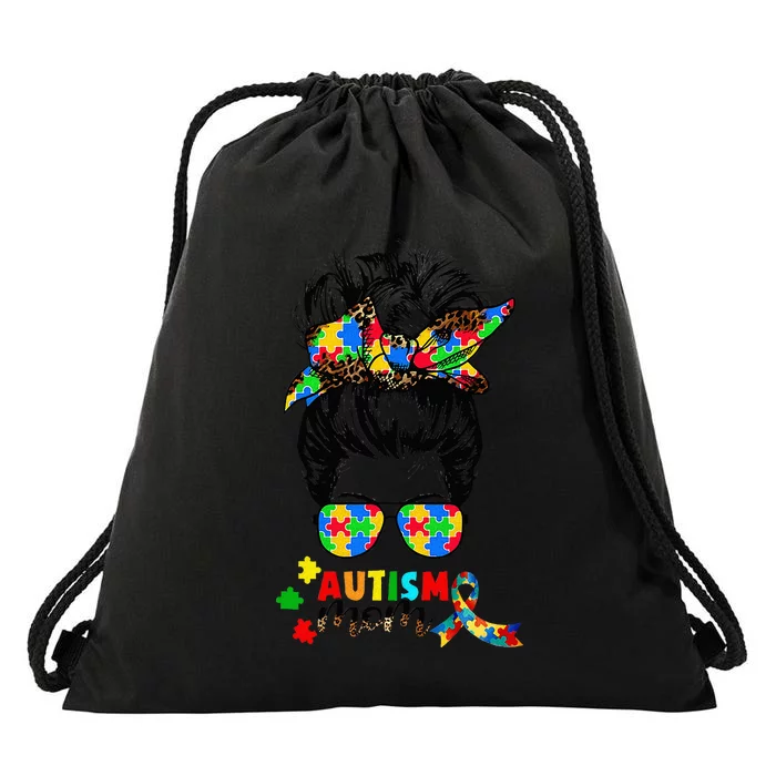 Autism Mom Messy Bun  Autism Awareness Puzzle Ribbon Drawstring Bag