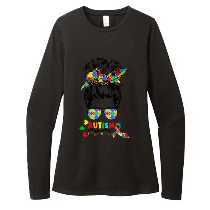 Autism Mom Messy Bun  Autism Awareness Puzzle Ribbon Womens CVC Long Sleeve Shirt