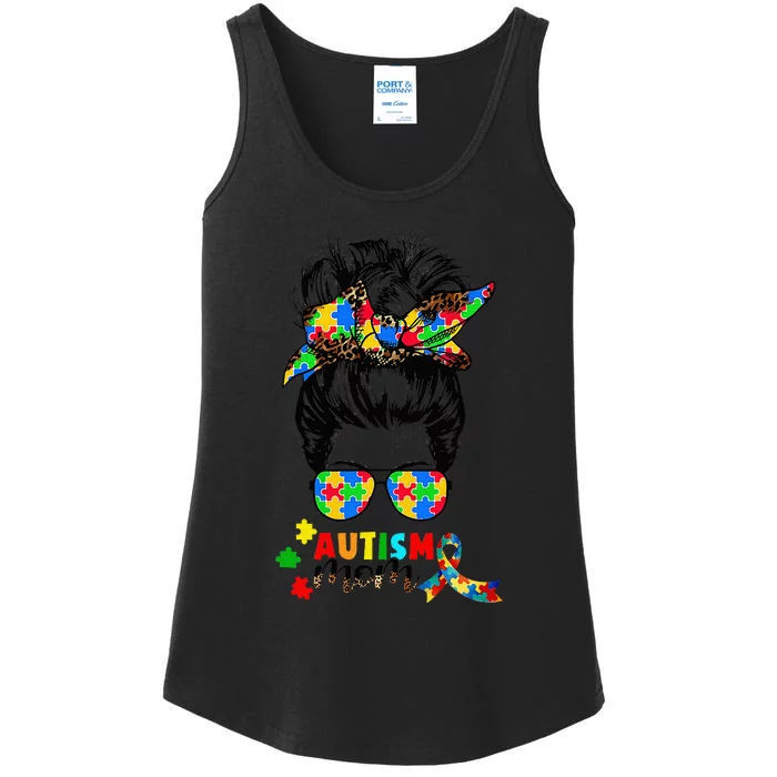 Autism Mom Messy Bun  Autism Awareness Puzzle Ribbon Ladies Essential Tank