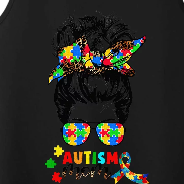 Autism Mom Messy Bun  Autism Awareness Puzzle Ribbon Performance Tank