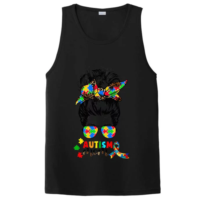 Autism Mom Messy Bun  Autism Awareness Puzzle Ribbon Performance Tank