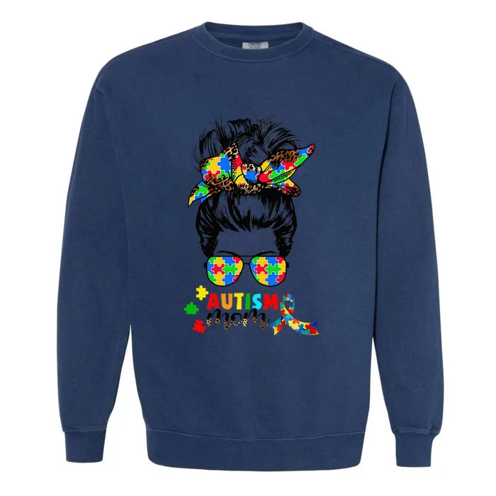 Autism Mom Messy Bun  Autism Awareness Puzzle Ribbon Garment-Dyed Sweatshirt