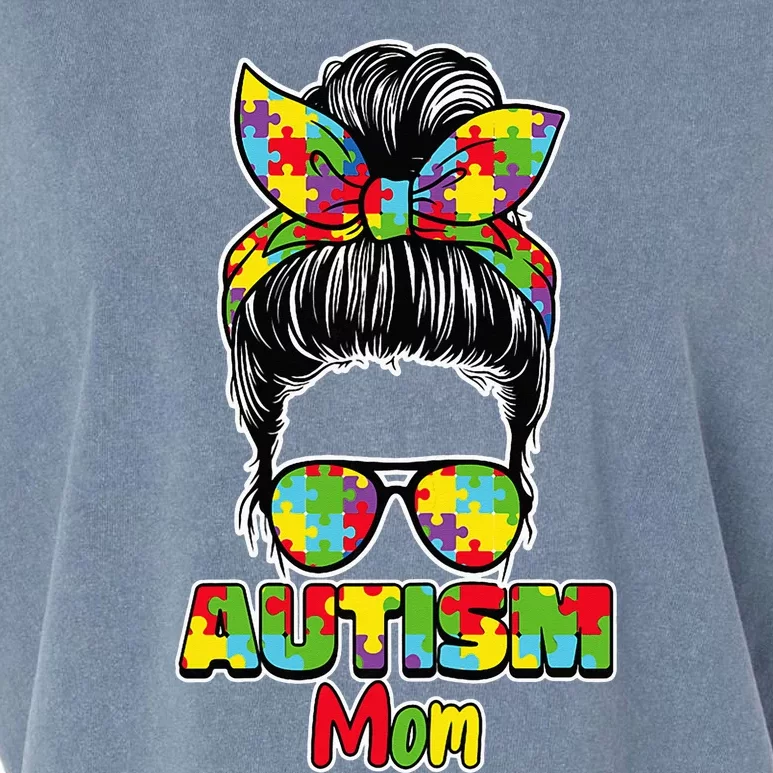 Autism Mom Messy Bun Puzzle Piece Bandana Mama Parent Garment-Dyed Women's Muscle Tee