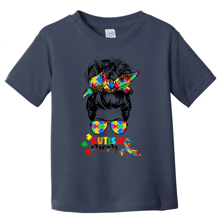 Autism Mom Messy Bun Women Autism Awareness Puzzle Ribbon Toddler T-Shirt