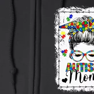 Autism Mom Messy Bun Mother’s Day Autism Awareness Full Zip Hoodie