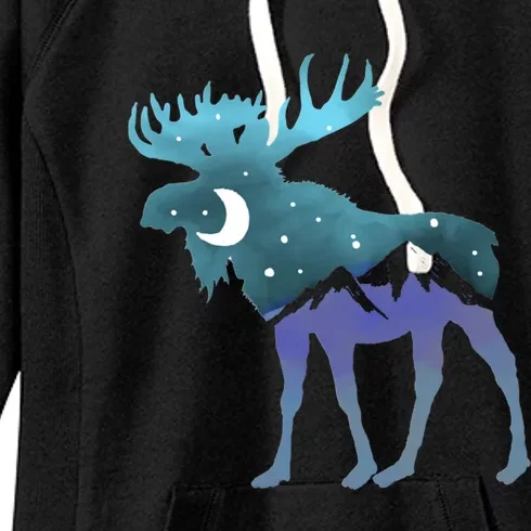 Artistic Moose Night Sky Moon And Stars Retro Graphic Funny Gift Women's Fleece Hoodie