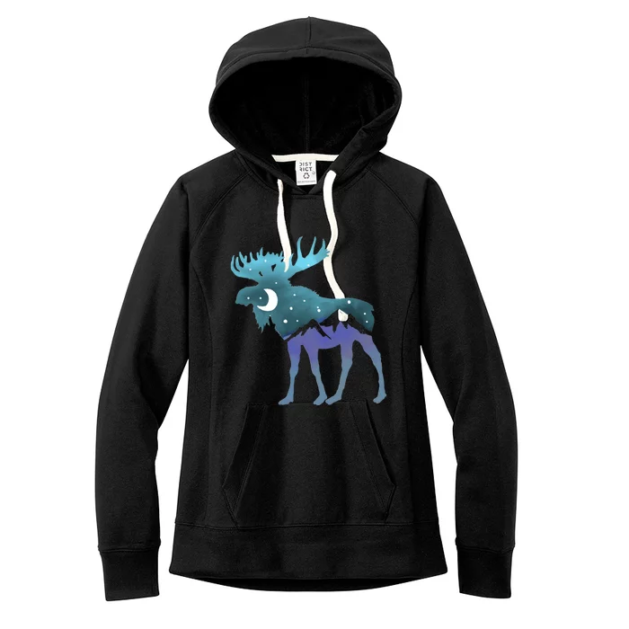 Artistic Moose Night Sky Moon And Stars Retro Graphic Funny Gift Women's Fleece Hoodie