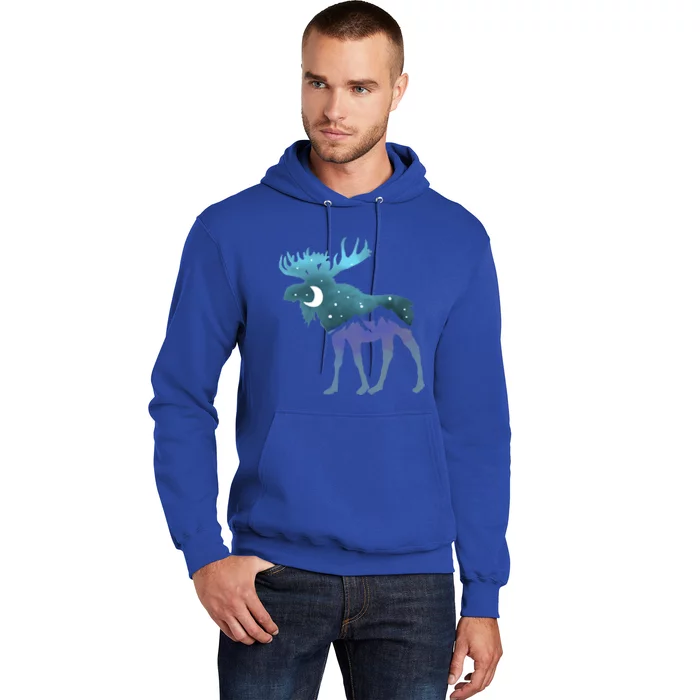 Artistic Moose Night Sky Moon And Stars Retro Graphic Funny Gift Hoodie