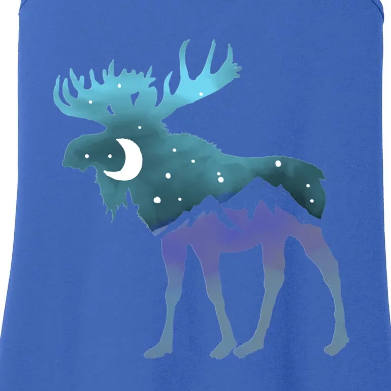 Artistic Moose Night Sky Moon And Stars Retro Graphic Funny Gift Ladies Essential Tank