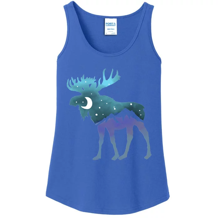 Artistic Moose Night Sky Moon And Stars Retro Graphic Funny Gift Ladies Essential Tank