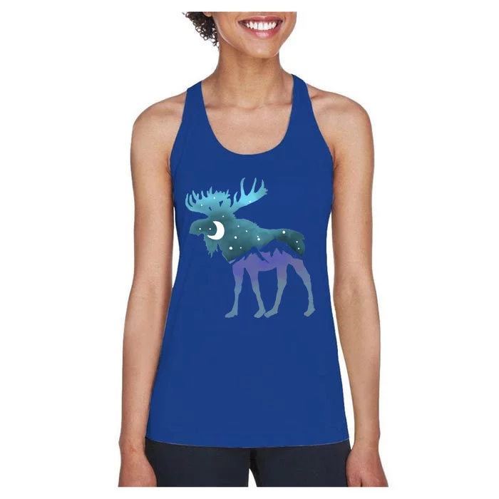 Artistic Moose Night Sky Moon And Stars Retro Graphic Funny Gift Women's Racerback Tank