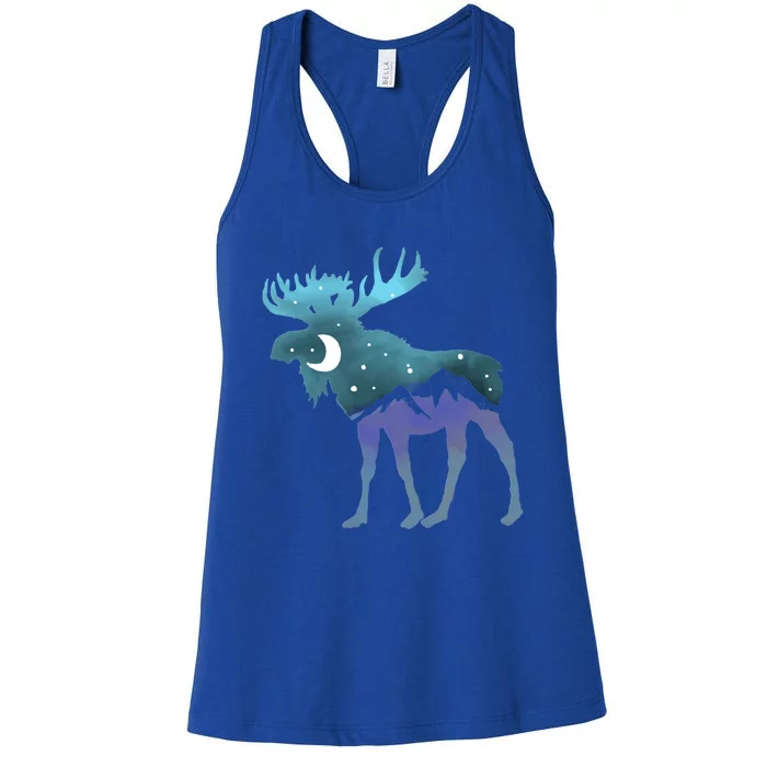 Artistic Moose Night Sky Moon And Stars Retro Graphic Funny Gift Women's Racerback Tank