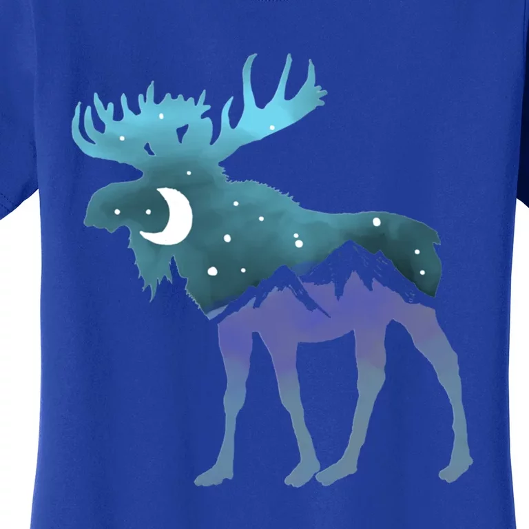 Artistic Moose Night Sky Moon And Stars Retro Graphic Funny Gift Women's T-Shirt