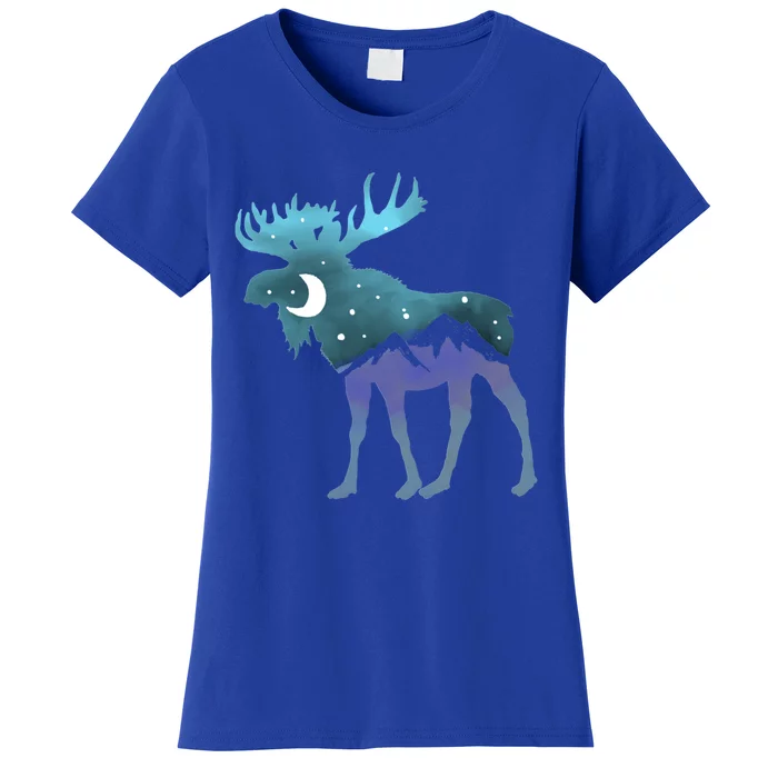 Artistic Moose Night Sky Moon And Stars Retro Graphic Funny Gift Women's T-Shirt