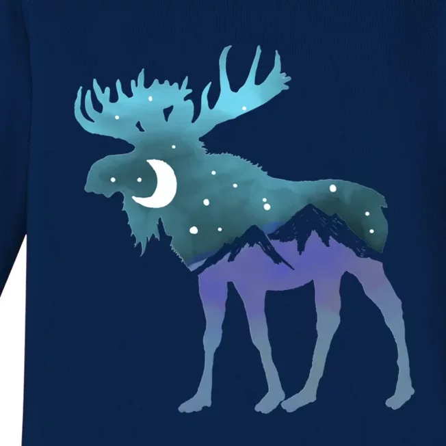 Artistic Moose Night Sky Moon And Stars Retro Graphic Funny Gift Baby Long Sleeve Bodysuit