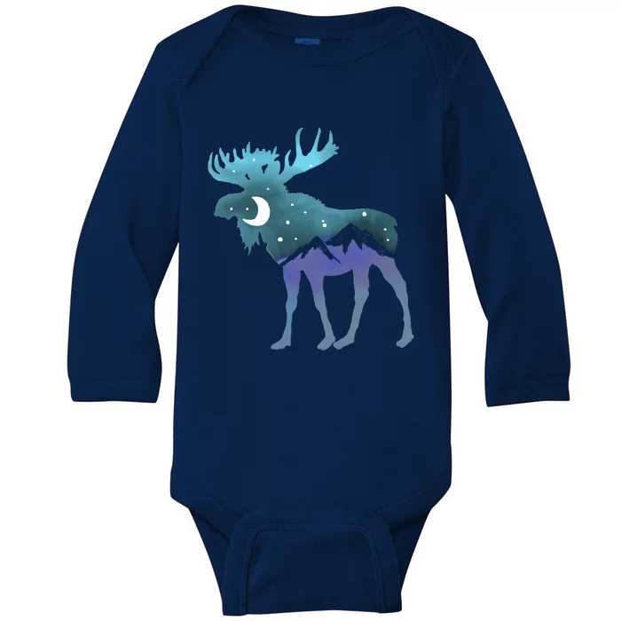 Artistic Moose Night Sky Moon And Stars Retro Graphic Funny Gift Baby Long Sleeve Bodysuit