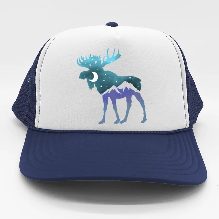 Artistic Moose Night Sky Moon And Stars Retro Graphic Funny Gift Trucker Hat