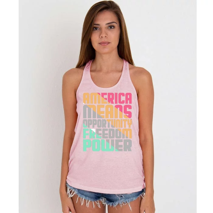 America Means Opportunity Freedom Power Women's Knotted Racerback Tank