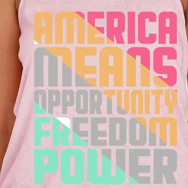 America Means Opportunity Freedom Power Women's Knotted Racerback Tank