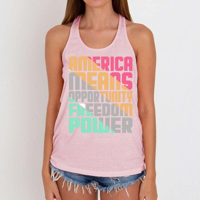 America Means Opportunity Freedom Power Women's Knotted Racerback Tank