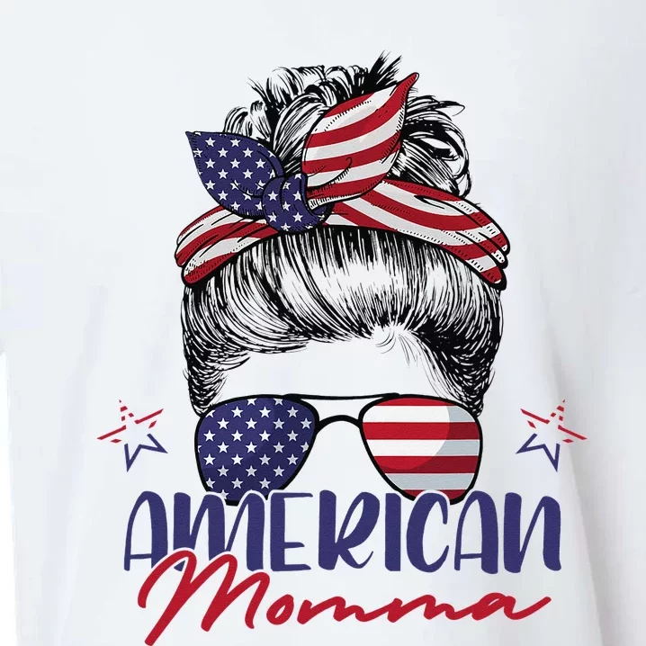 American Momma Patriotic Mom Messy Bun July 4th Independence Sueded Cloud Jersey T-Shirt