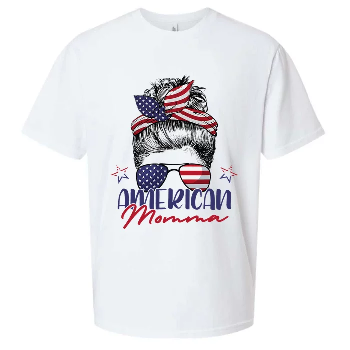 American Momma Patriotic Mom Messy Bun July 4th Independence Sueded Cloud Jersey T-Shirt