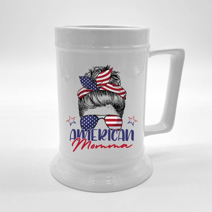 American Momma Patriotic Mom Messy Bun July 4th Independence Front & Back Beer Stein