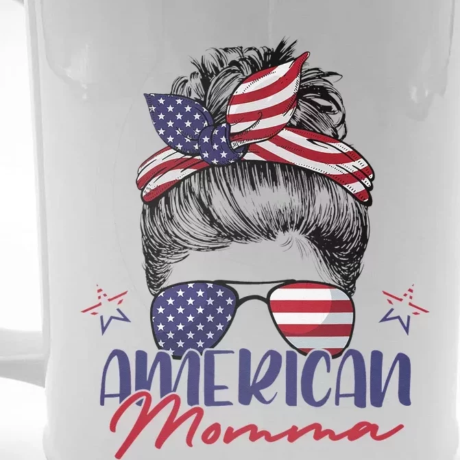 American Momma Patriotic Mom Messy Bun July 4th Independence Front & Back Beer Stein