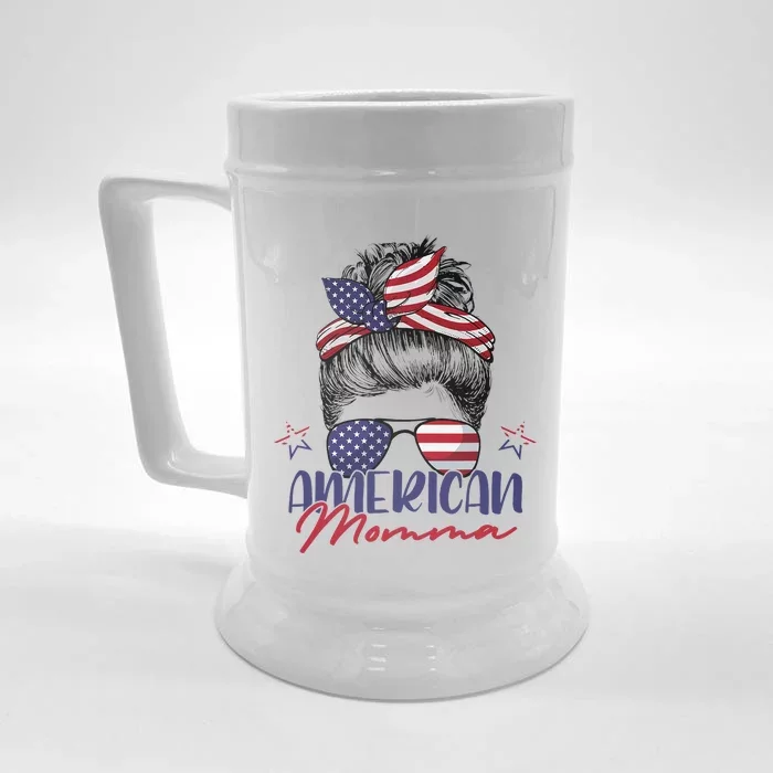 American Momma Patriotic Mom Messy Bun July 4th Independence Front & Back Beer Stein