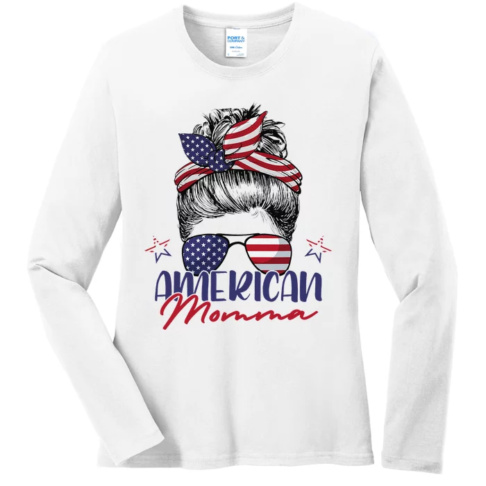 American Momma Patriotic Mom Messy Bun July 4th Independence Ladies Long Sleeve Shirt