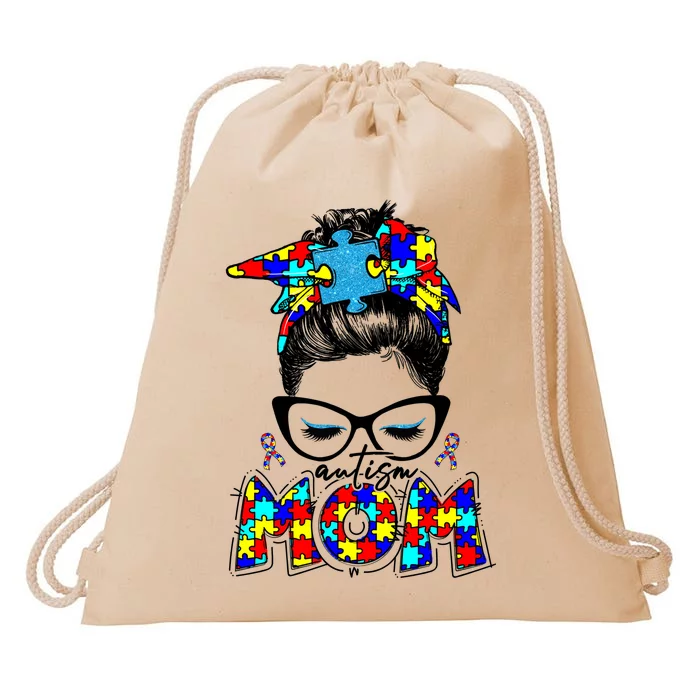 Autism Mom Puzzle Pieces Messy Bun Drawstring Bag