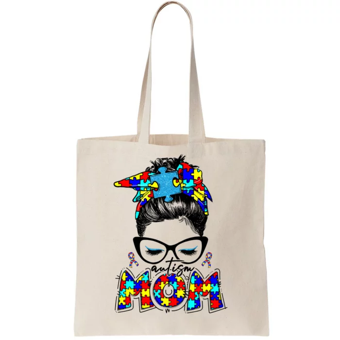 Autism Mom Puzzle Pieces Messy Bun Tote Bag