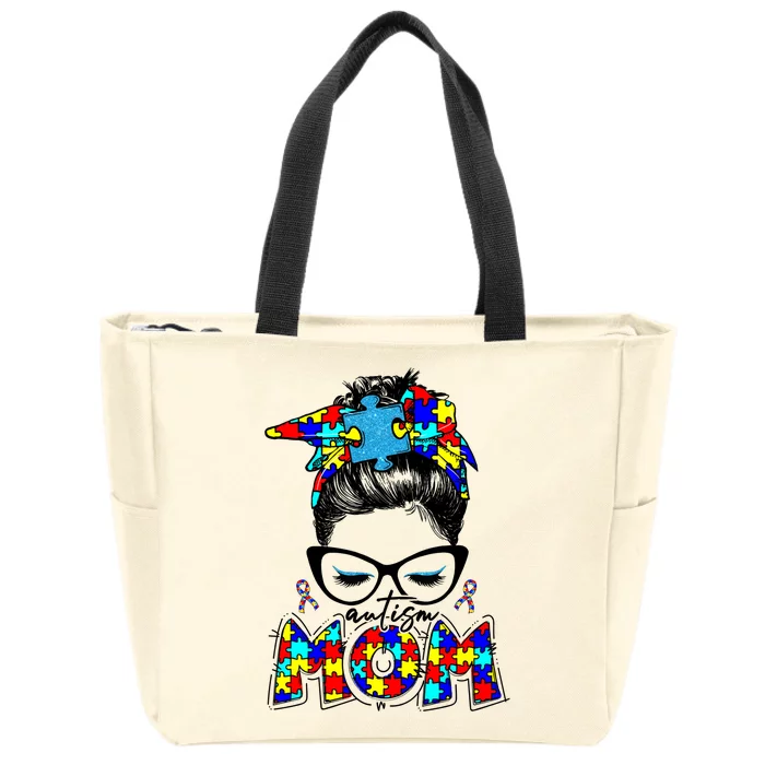 Autism Mom Puzzle Pieces Messy Bun Zip Tote Bag