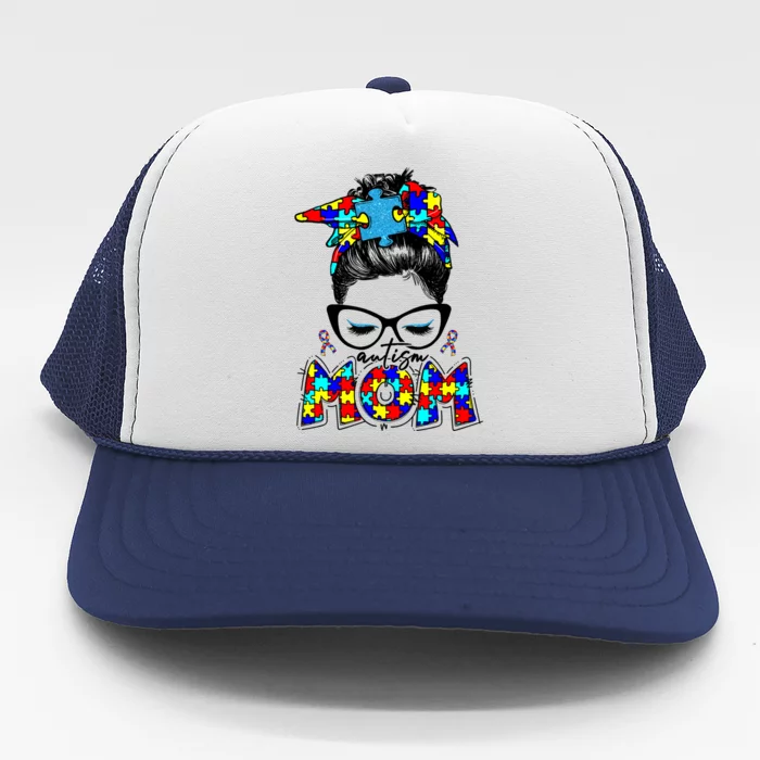 Autism Mom Puzzle Pieces Messy Bun Trucker Hat